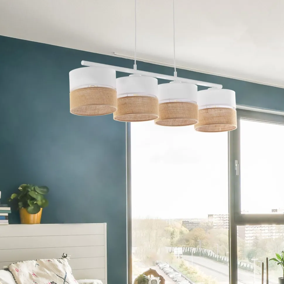 Pendelleuchte Weiß Braun 4-flammig Metall Stoff Jute E27