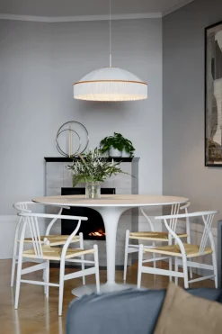 Pendelleuchte Weiß Gold Ø 60 cm Stoffschirm Fransen E27