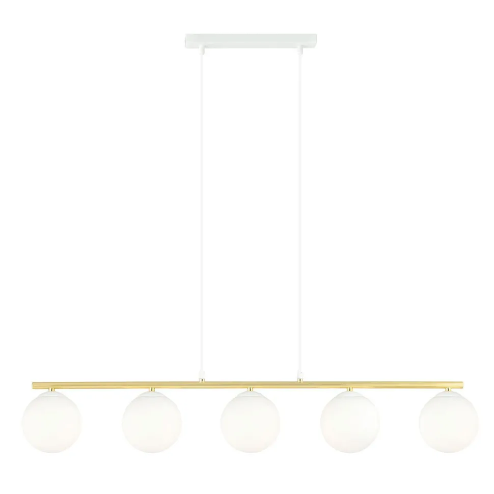 Pendelleuchte Weiß Gold 5x E14 Kugelschirm Glas Metall