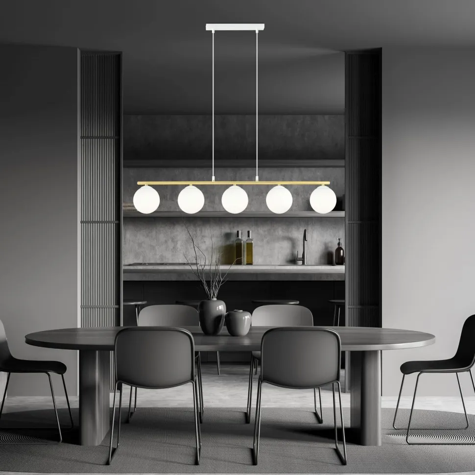 Pendelleuchte Weiß Gold 5x E14 Kugelschirm Glas Metall