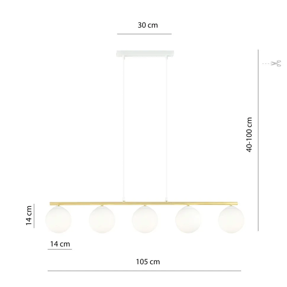 Pendelleuchte Weiß Gold 5x E14 Kugelschirm Glas Metall