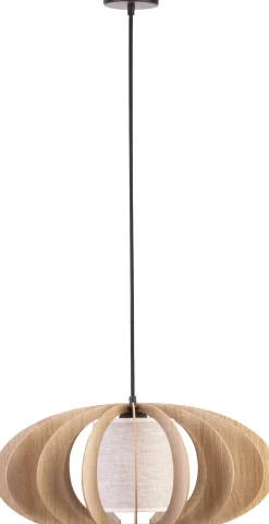 Runde Hängelampe Holz Eiche Stoff Beige Ø60 cm wohnlich