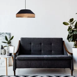 Runde Hängelampe Stoff Rattan Schwarz Natur E27 Ø45 cm