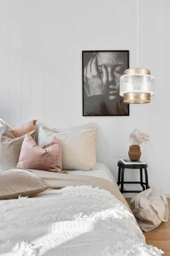 Runde Hängeleuchte Stoff Weiß Gold Ø20 cm E27 gemütlich