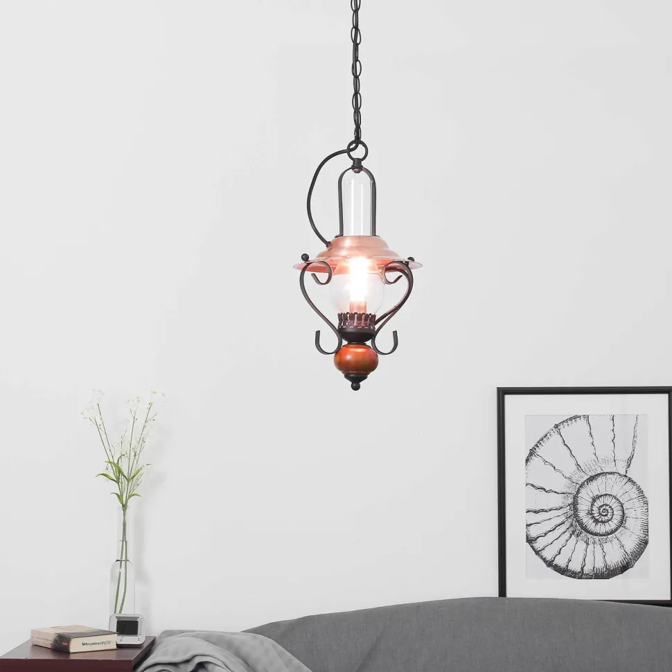 Rustikale Hängeleuchte ENNA mit Glasschirm Schwarz Kupfer