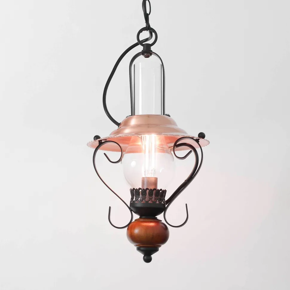 Rustikale Hängeleuchte ENNA mit Glasschirm Schwarz Kupfer