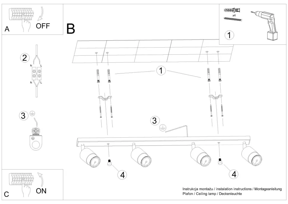 Spot Strahler 4-flammig 81 cm länglich Schwarz Gold GU10