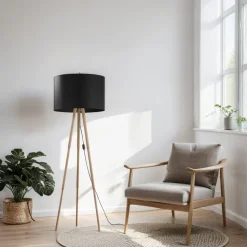 Stehlampe 146 cm Holz Stoff in Natur Schwarz Dreibein