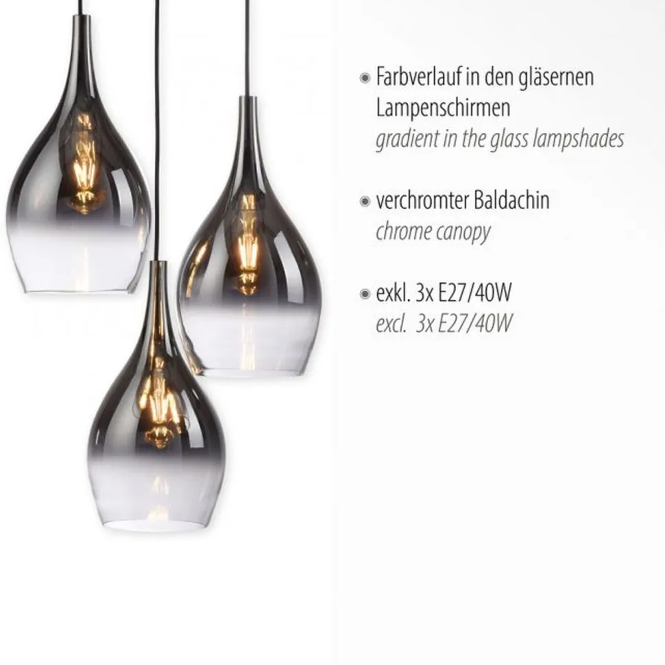 Stilvolle Pendelleuchte Glas Chrom Anthrazit E27 3-flmg