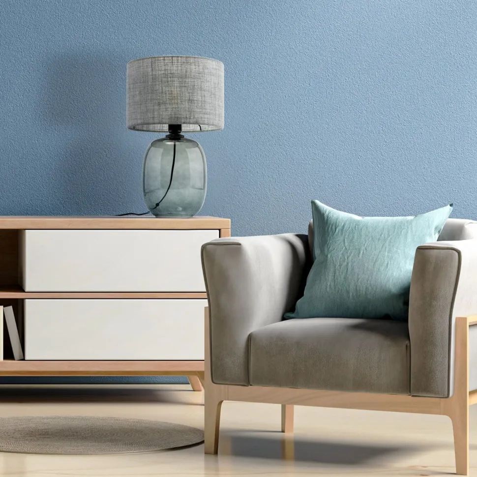 Tischlampe Grau Rauchglas Stoff E27 H: 48 cm Ø 30 cm