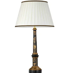 Tischlampe groß 87 cm Stoff Holz in Creme Schwarz Gold