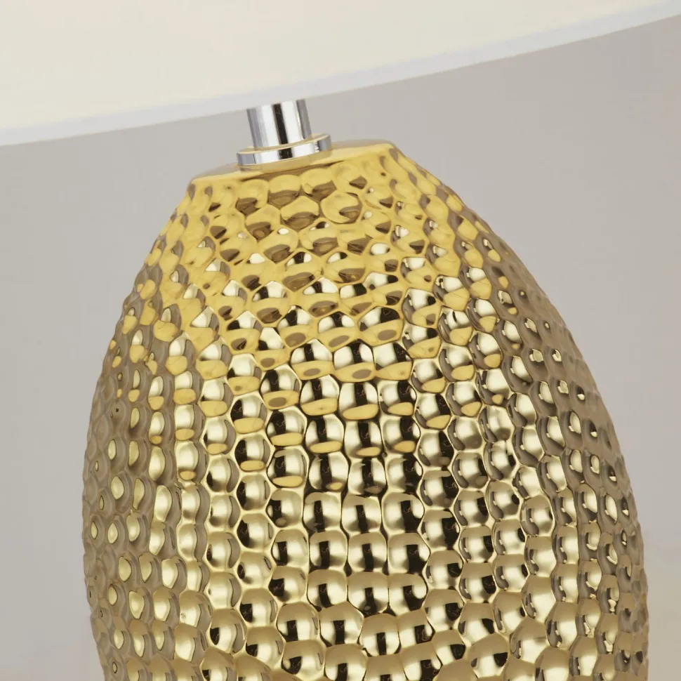 Tischlampe Keramik Stoff E27 45 cm Ø 28 cm Gold Creme-Weiß