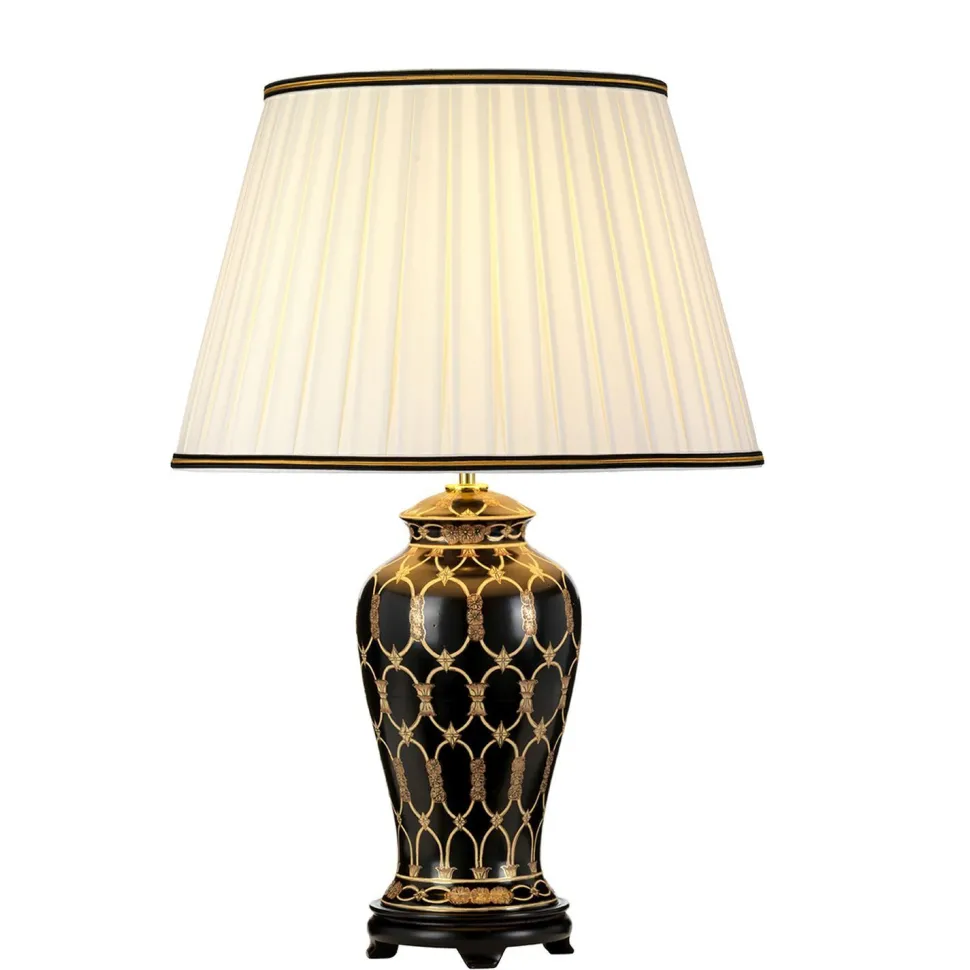 Tischlampe Keramik Stoff 68 cm Creme Schwarz Gold E27