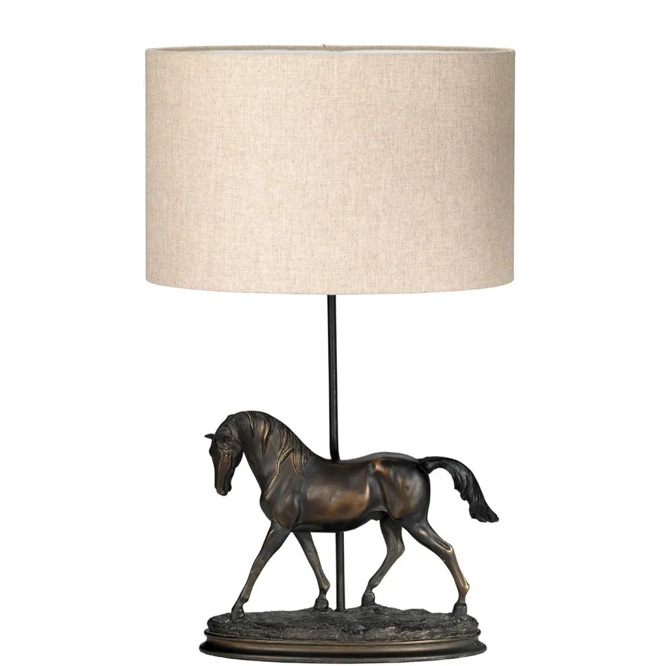 Tischlampe mit Schirm Jute Resin in Bronze antik Pferd