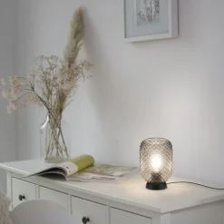 Tischlampe Rauchgrau Schwarz Glas Metall 22,5 cm E27