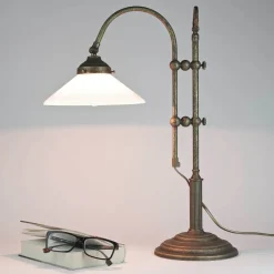 Tischlampe Schreibtisch aus Messing Glas 49 cm E14 in Antik