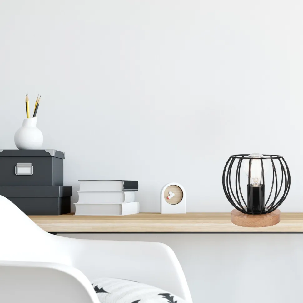 Tischlampe Schwarz E27 klein H: 16 cm Metall Holz Retro