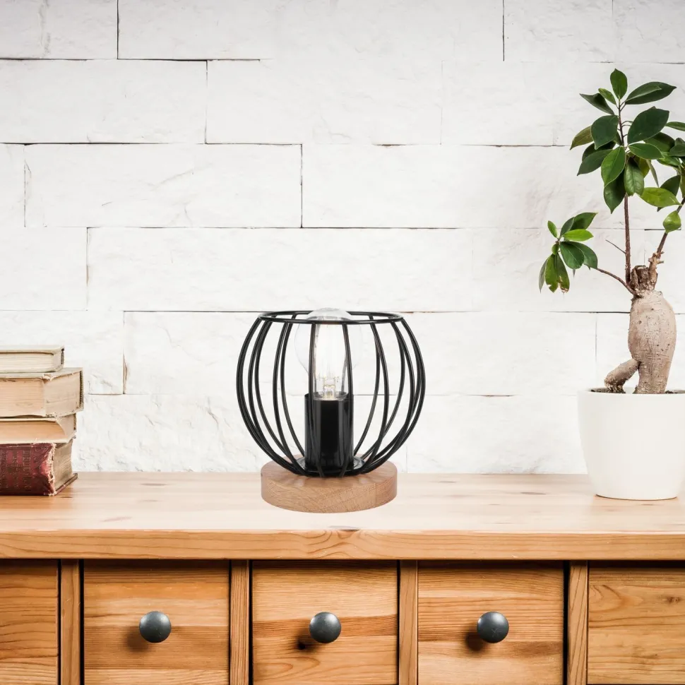 Tischlampe Schwarz E27 klein H: 16 cm Metall Holz Retro
