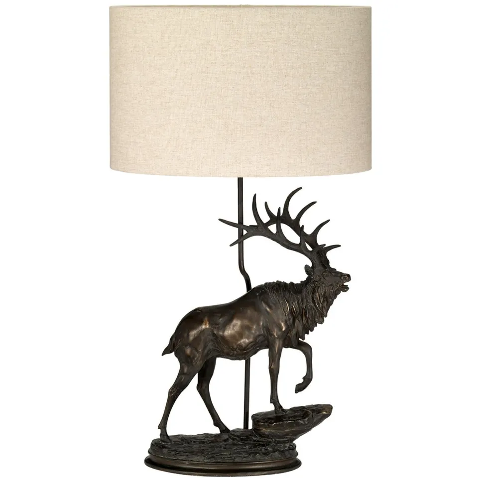 Tischlampe Stoff Resin Hirsch 80cm Bronze antik Natur