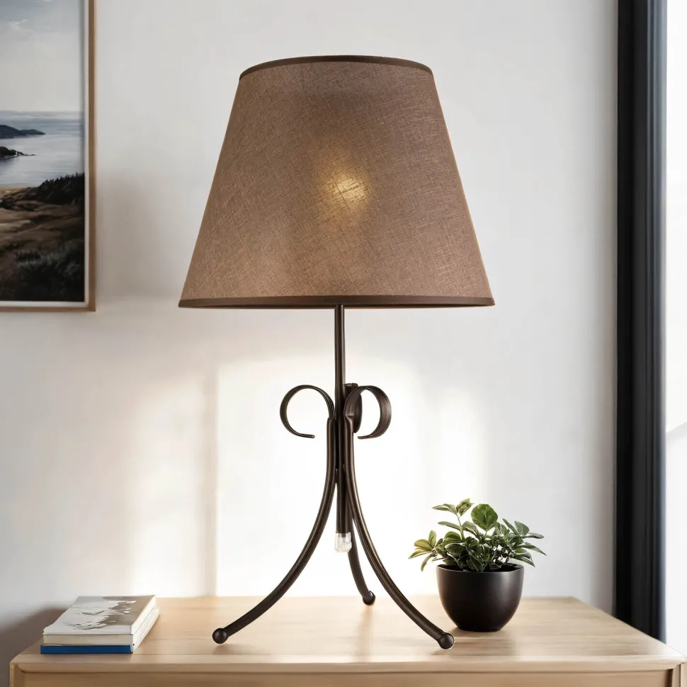 Tischlampe Stoffschirm Braun Landhaus rund Lampe