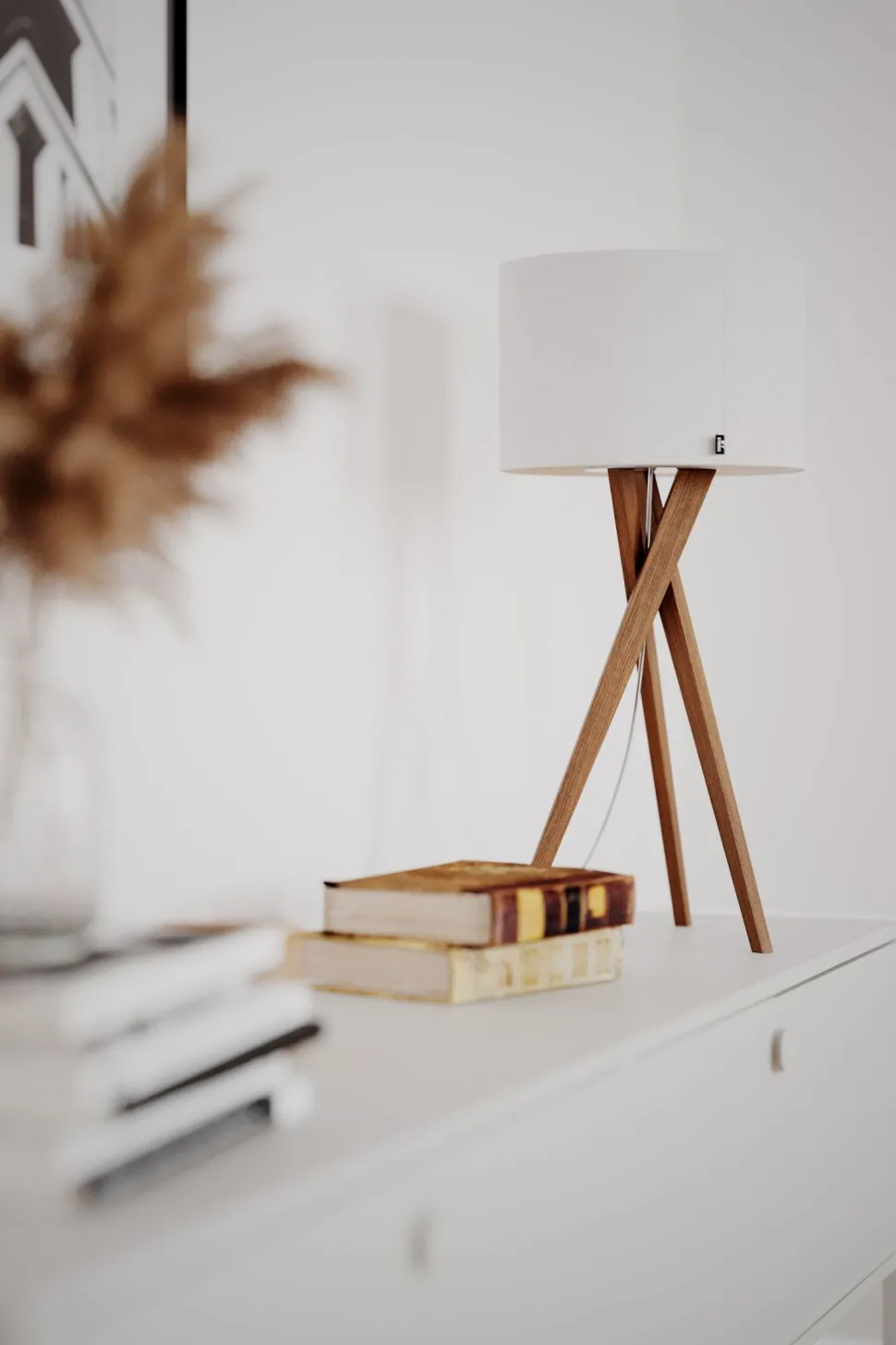 Tischleuchte Holz Stoff 55 cm Dreibein Eiche Weiß E27