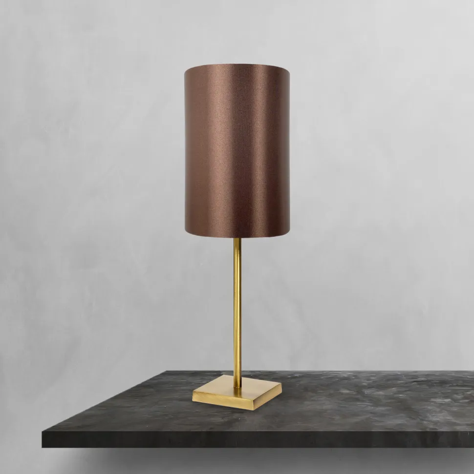 Tischleuchte in Bronze hell Braun E27 48,5 cm Messing Stoff