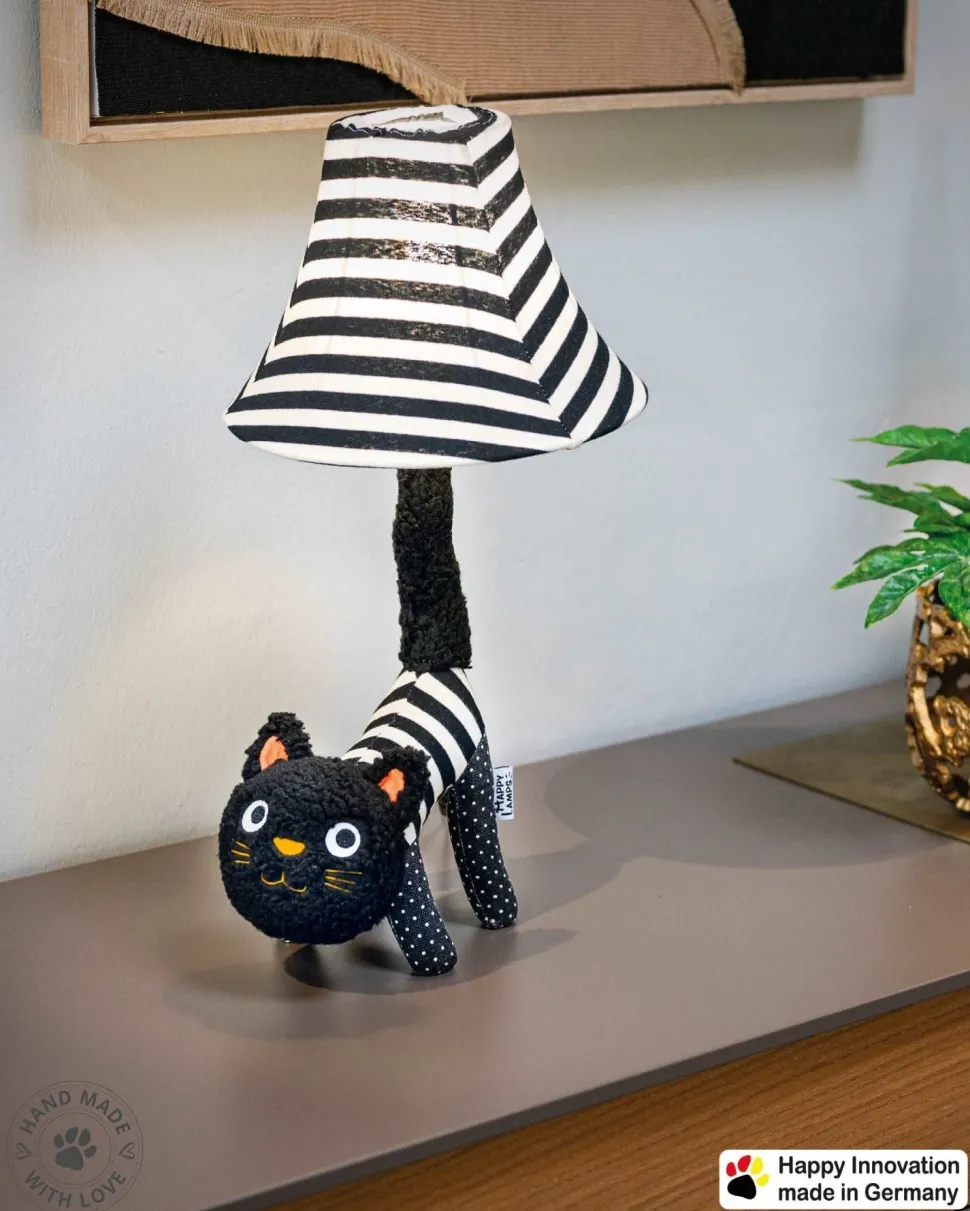 Tischleuchte LED Katze 51 cm Schwarz Weiß flauschig