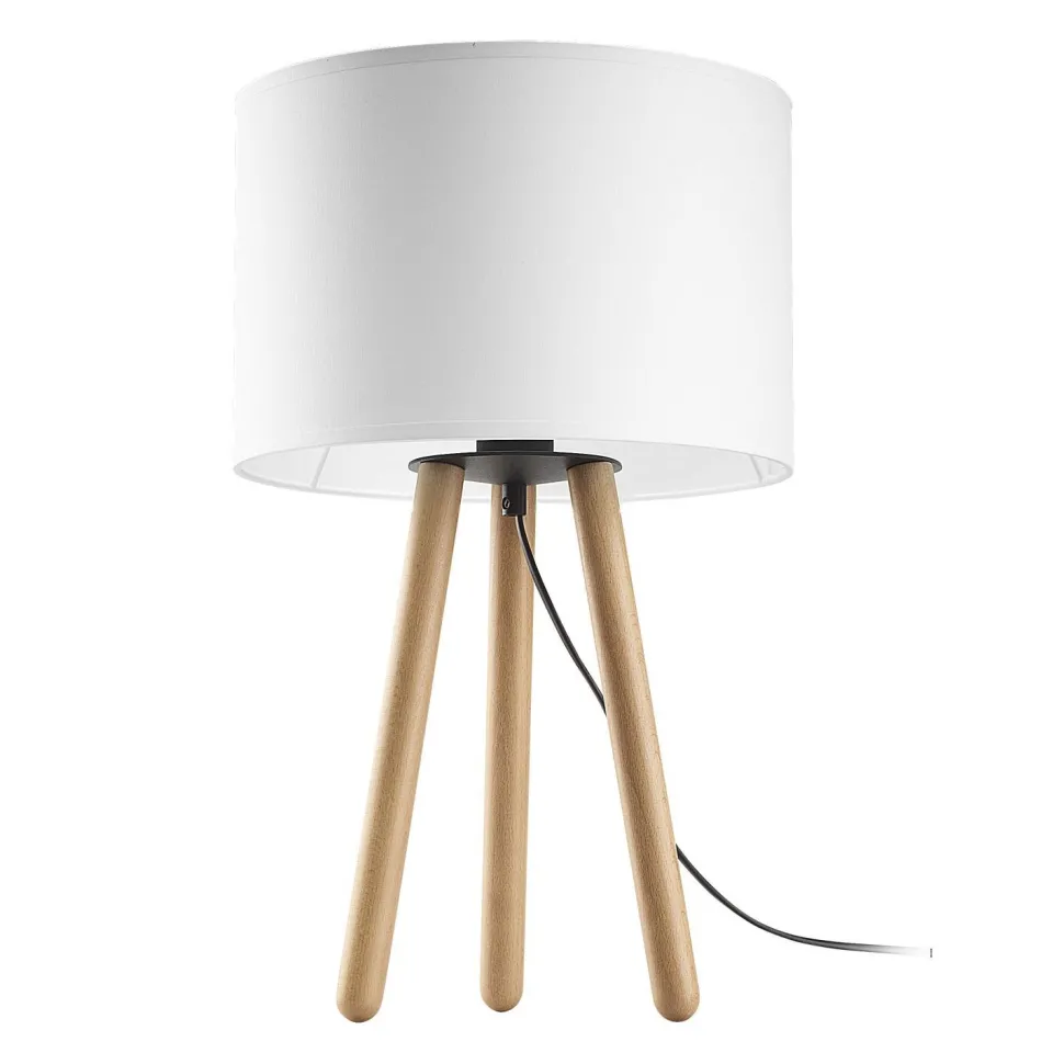 Tischleuchte Weiß Natur Dreibein Holz Stoff 46 cm