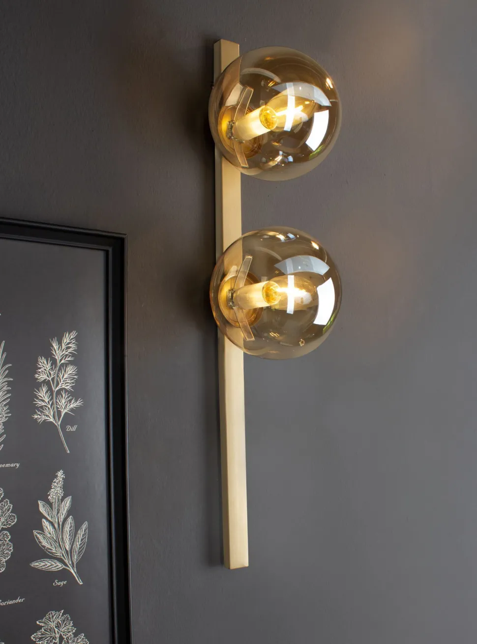 Wandlampe Gold Bernstein Glaskugel E14 H:60 cm 2-flmg