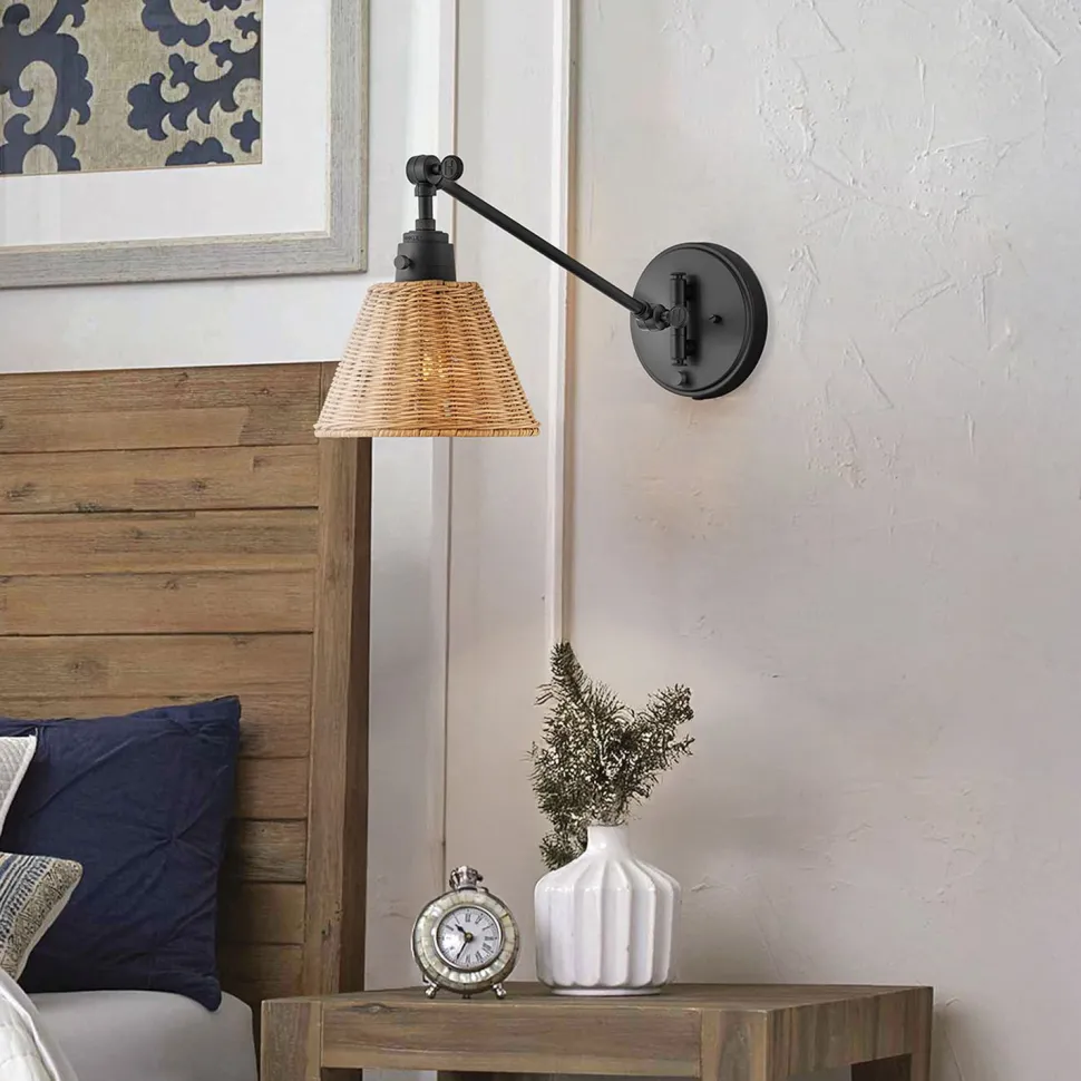 Wandlampe Rattan Metall Gelenkarm schwenkbar E27 zum Lesen