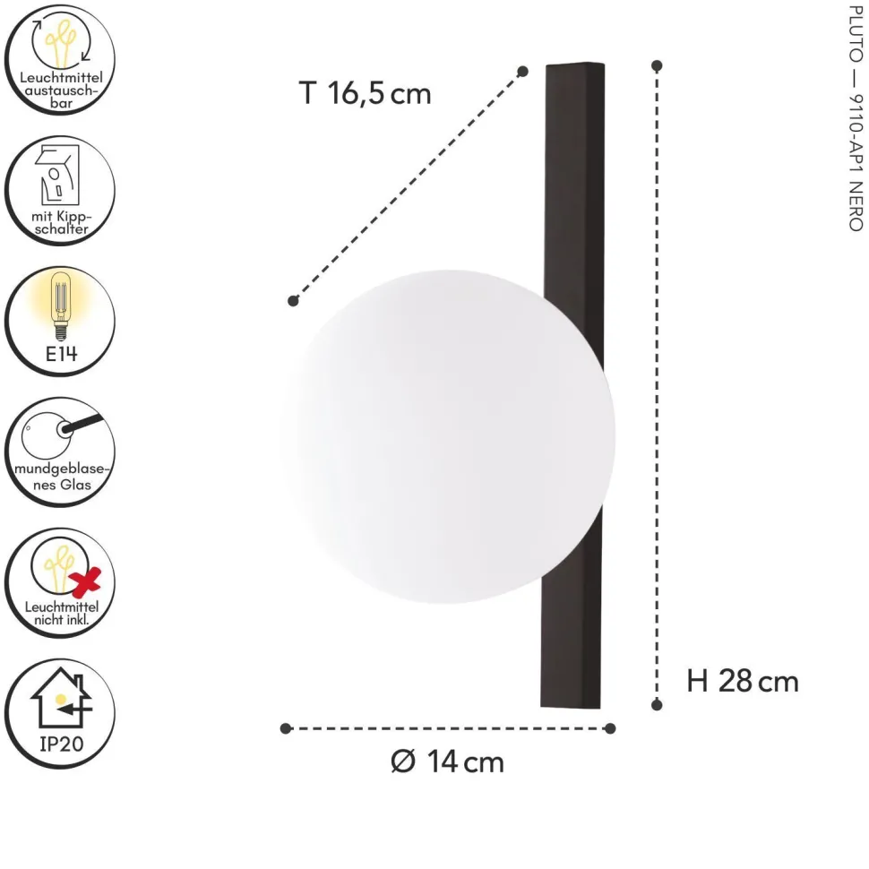 Wandlampe Schwarz Weiß Glaskugel E14 B:14 cm blendarm
