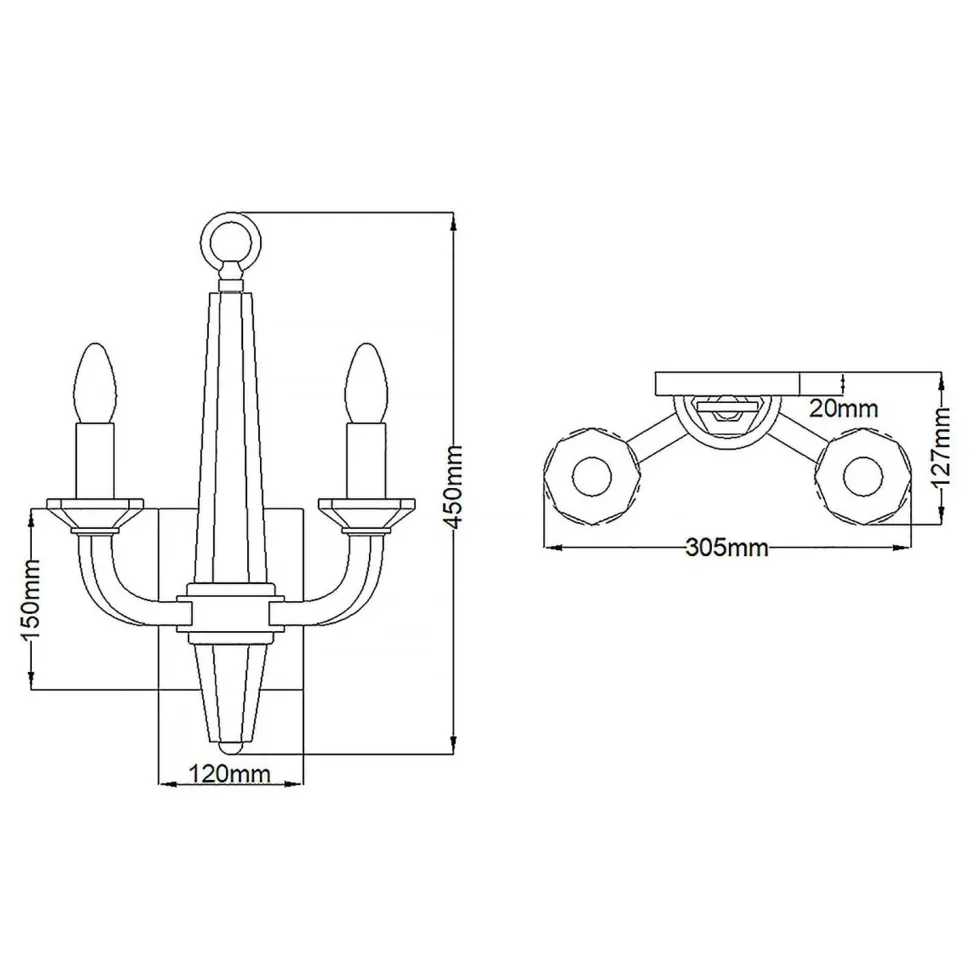 Wandleuchte innen 45 cm hoch Metall Kristall 2x E14