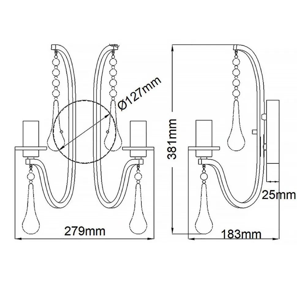 Wandleuchte Metall E14 38,1 cm hoch in Zinn 2-flammig