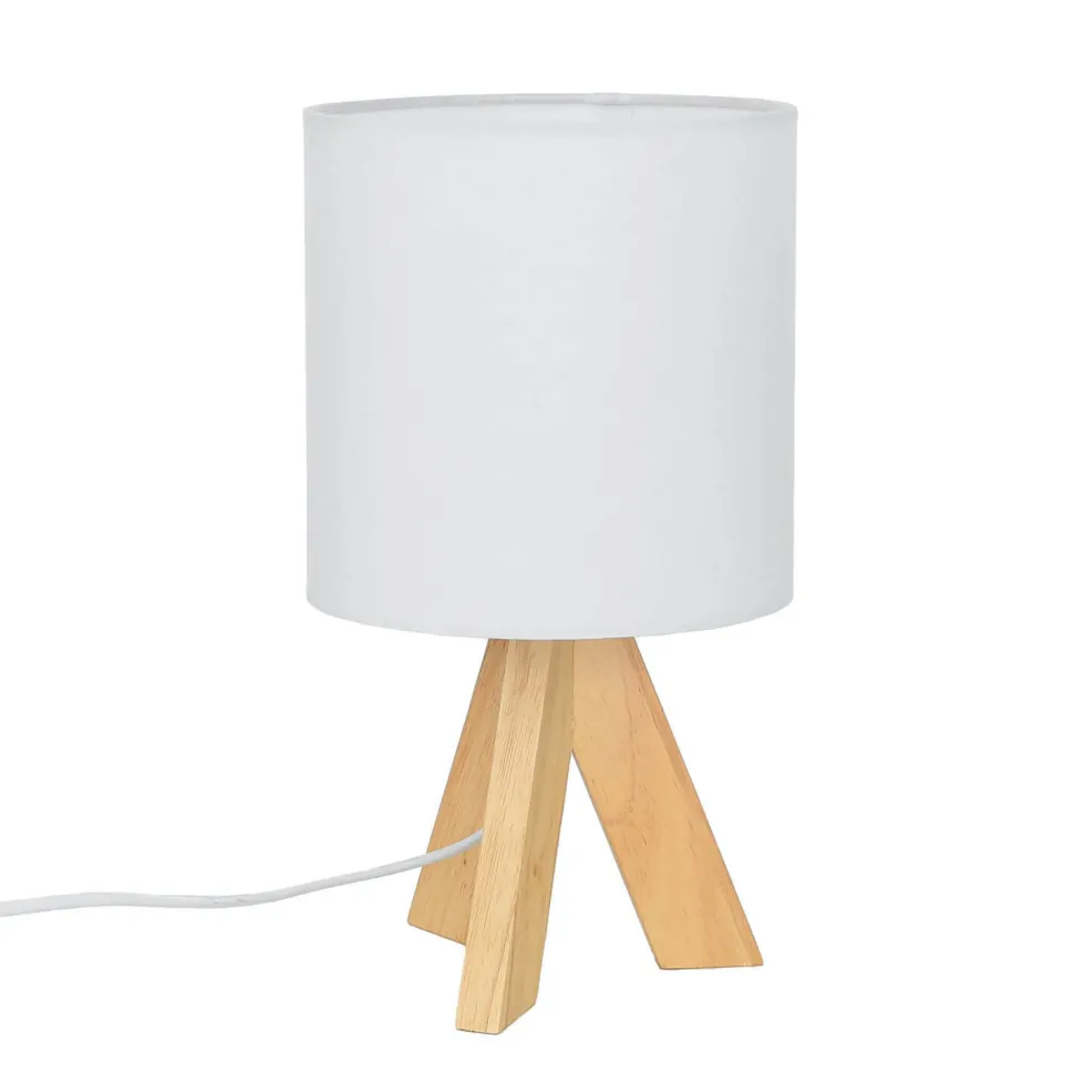 Weiße Tischleuchte Holz Fuß Stoff Schirm 31cm E14