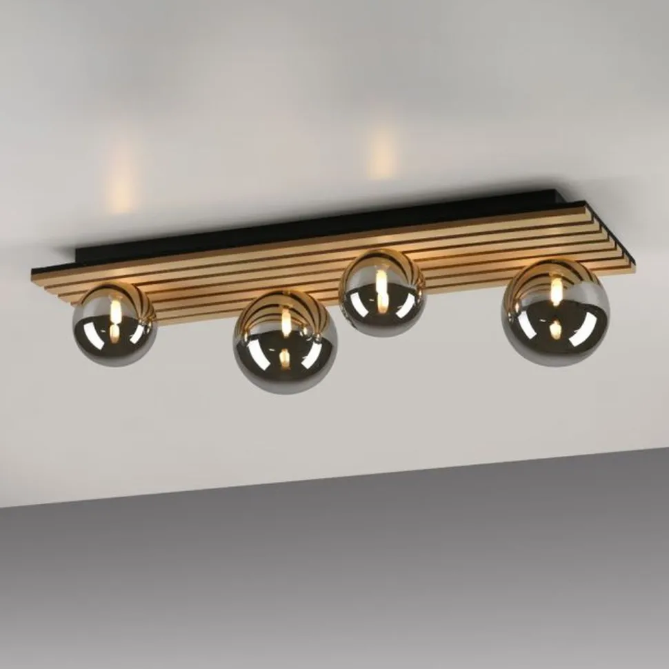 Wohnliche Deckenlampe Glaskugeln Holz G9 80 cm Natur